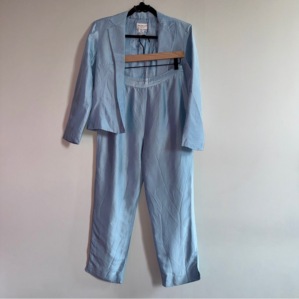 Vintage blue petite 100% silk two-piece suit